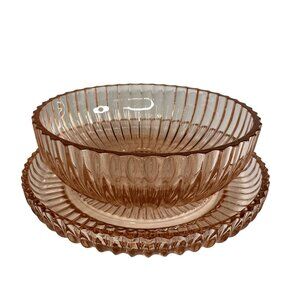Anchor Hocking QUEEN MARY Pink Depression Glass Berry Candy Bowl Plate Set 1940s